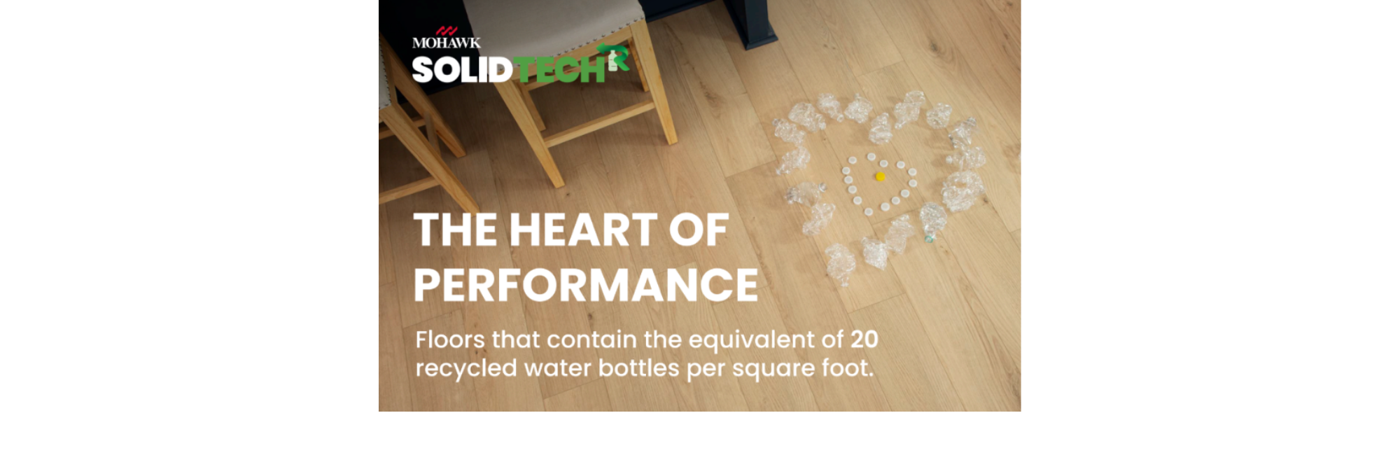 SolidTech flooring promotion of a new kitchen floor with used water bottles forming a heart shape