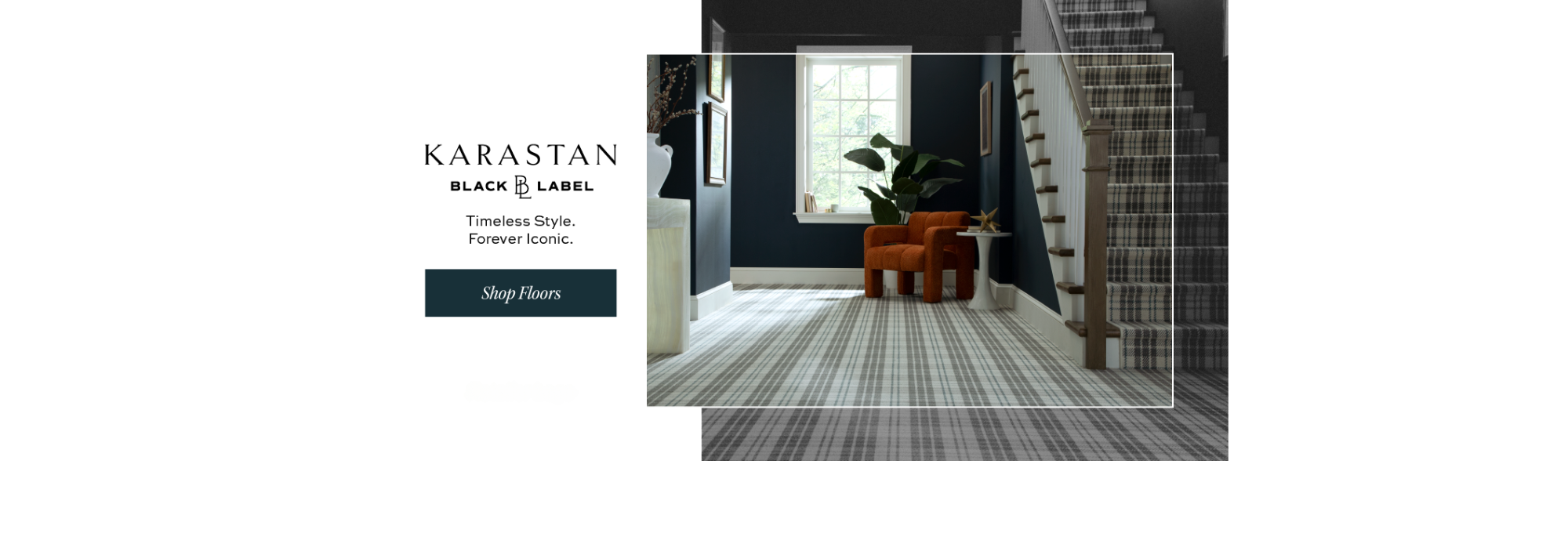 Karastan Black Label promotion featuring a luxurious home with patterned carpet